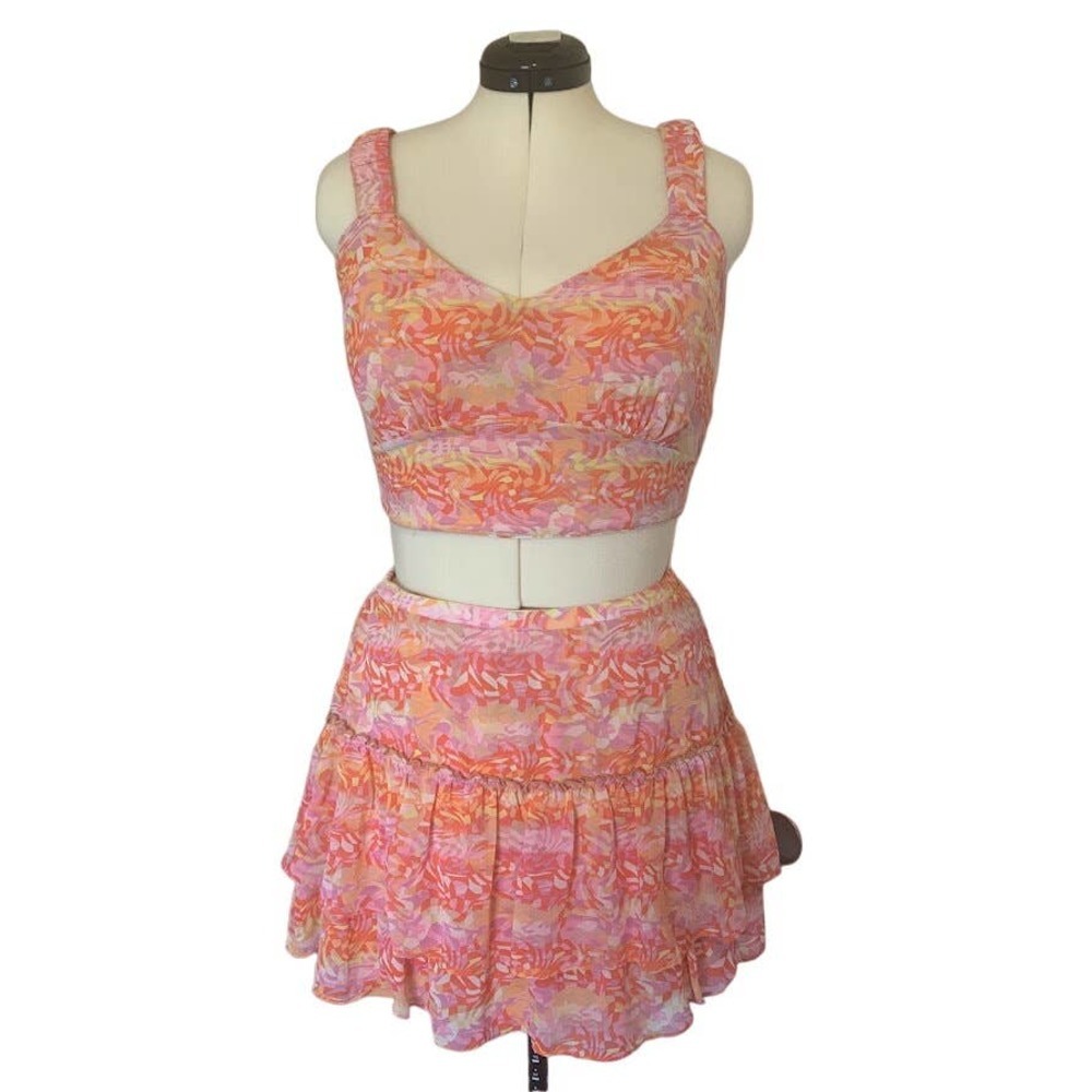 Stitch & Pine Fairycore Crop Top Mini Ruffled Skirt Orange Rayon Women's Size L